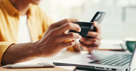 Credit card, hands and phone with business person closeup in office for online bank payment....