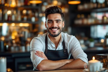 Fototapeta premium portrait of a young smiling Chilean male bartender against blurred bar background