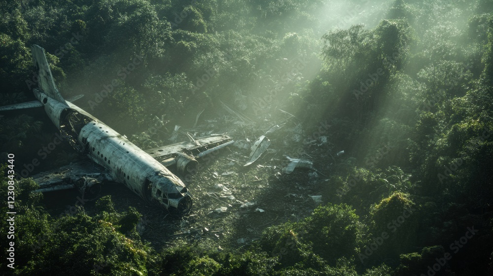 Poster dense forest landscape with scattered airplane wreckage illuminated by sunlight. generative ai