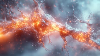 Digital artwork of neuron cell with glowing energy particles. Generative AI
