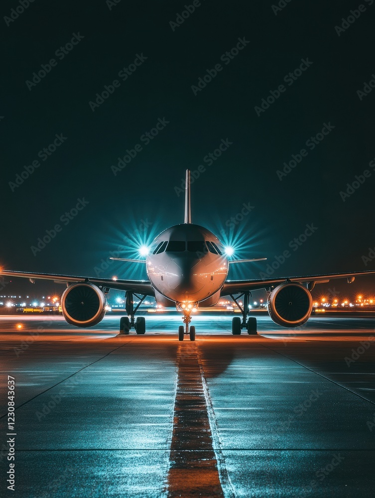 Aufkleber Illuminated airplane on a runway at night with bright navigation lights in a busy airport environment. Generative AI
