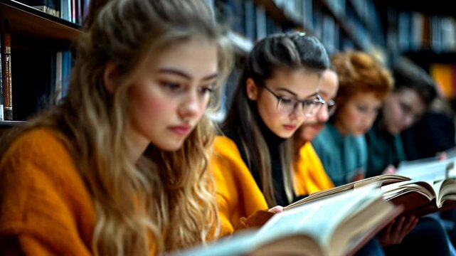 Focused students engage in reading during a quiet study session in the library