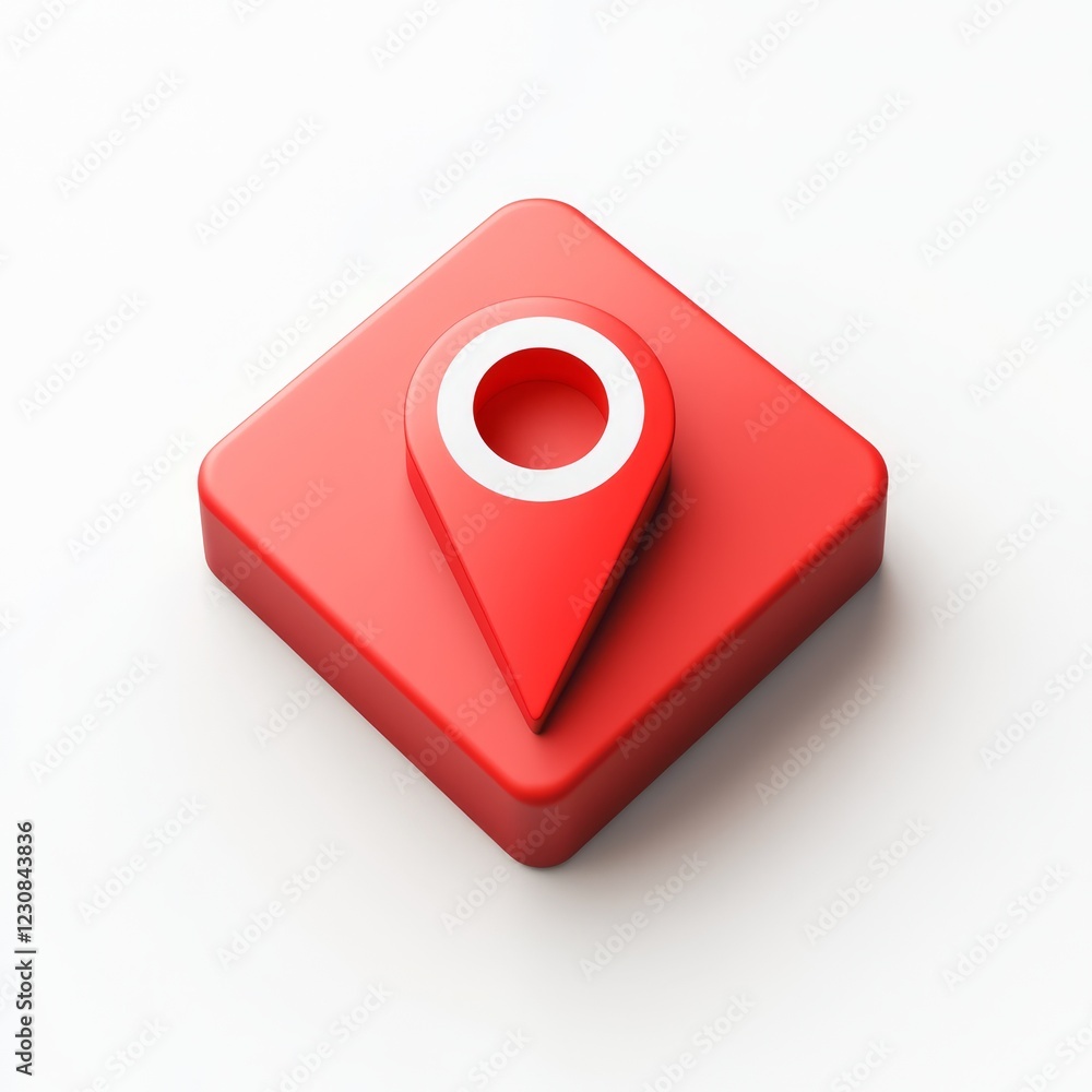 Poster red square button with location pin icon.