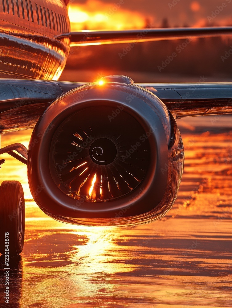 Poster beautiful sunset reflecting on airplane wing with jet engine in the foreground. generative ai