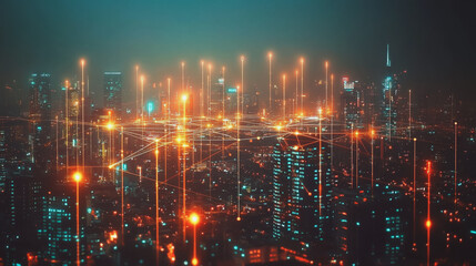 Fototapeta premium Smart digital Innovation city with connection network reciprocity over the cityscape. of future smart wireless digital city and social media networking systems that connects people with in city