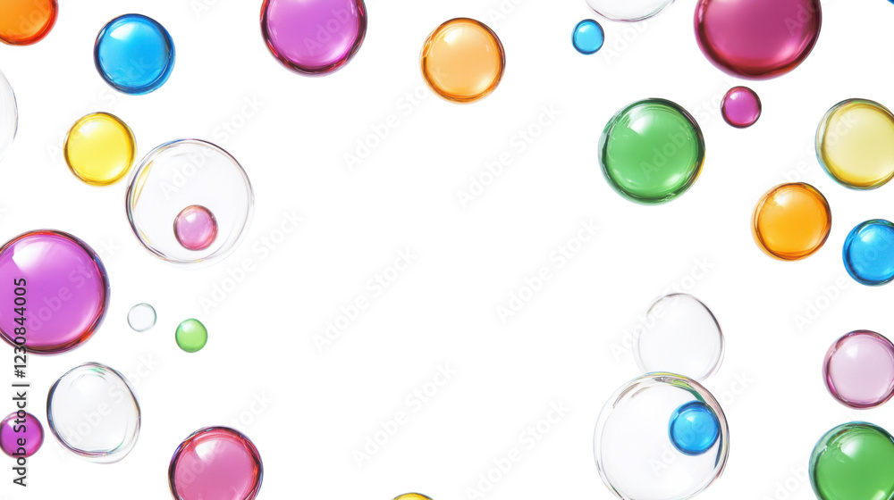 Poster colorful bubbles floating on transparent background with copy space
