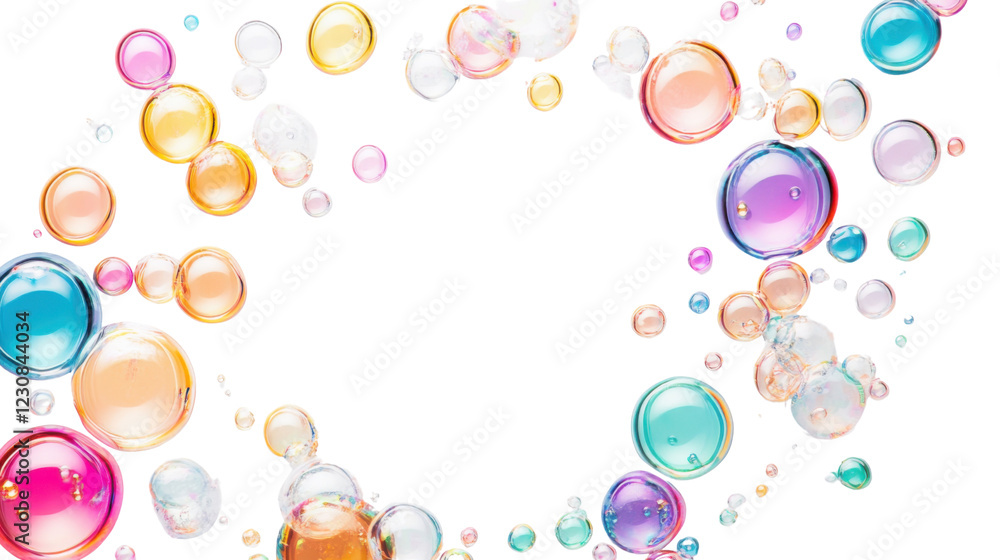 Poster colorful soap bubbles floating on transparent background creating a frame