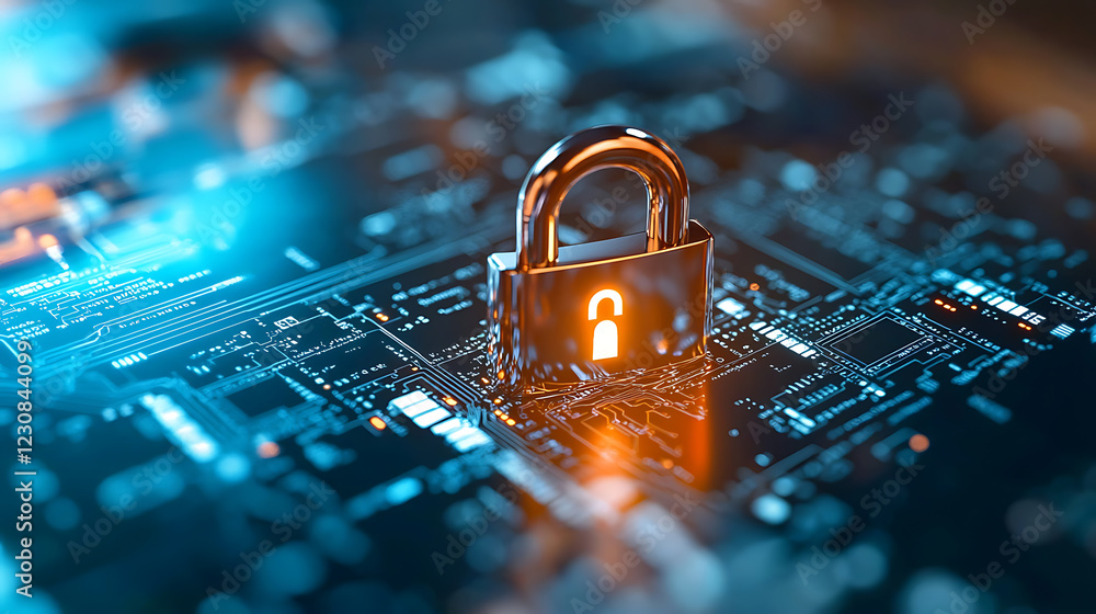 Poster cybersecure health systems glowing locks on financial security in digital environments futuristic te