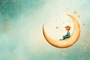 A whimsical illustration of the Little Prince sitting on a crescent moon, surrounded by twinkling stars 
