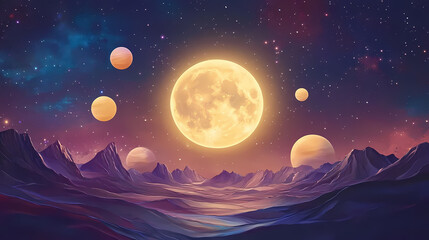 Majestic moon amidst vibrant planets with golden light, detailed lunar landscape, cosmic backdrop. Galactic Ridge. Illustration