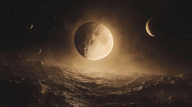 Majestic moon amidst vibrant planets with golden light, detailed lunar landscape, cosmic backdrop. Galactic Ridge. Illustration
