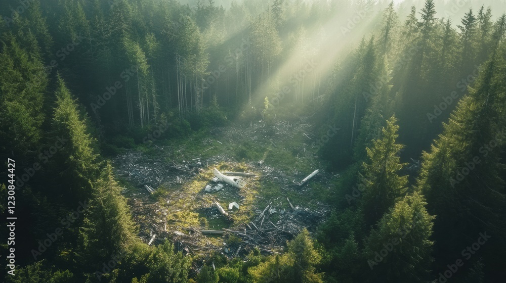 Poster aerial view of dense forest with airplane debris in clearing surrounded by trees in early morning li