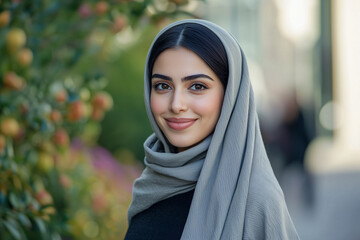 portrait of a Beautiful Arab woman in smiling portrait outdoor, big eyes, long hair thin shoulders