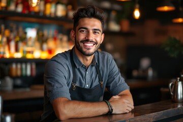 Fototapeta premium portrait of a young smiling East Timorese male bartender against blurred bar background