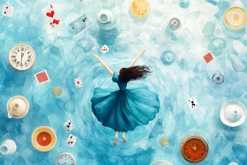 llustration of Alice falling down the rabbit hole, surrounded by floating objects like teapots, clocks, and playing cards.