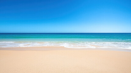 A serene beach scene featuring golden sand and calm blue waters under a clear sky, perfect for relaxation and escape.