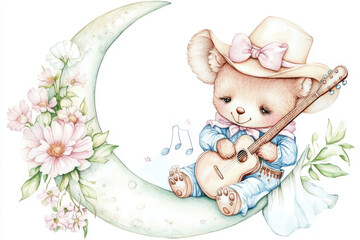 Cute bear playing guitar on crescent moon with flowers, creating whimsical and joyful scene. Perfect for children decor or illustrations