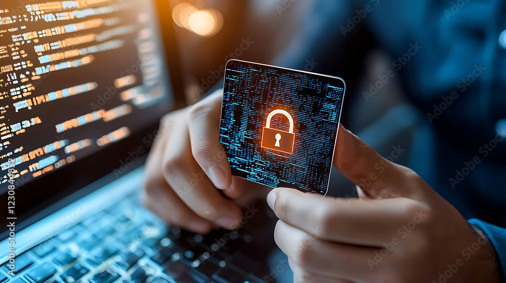 Poster cybersecurity measures in finance protecting digital networks in a virtual environment with cutting-