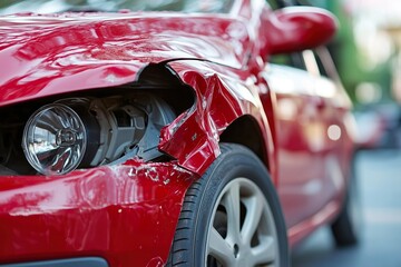 Red car with significant damage parked on a city street