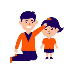 Father and daughter in matching orange outfits kneeling and standing together.