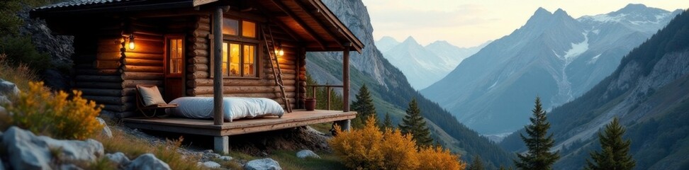 Obraz premium Wooden ladder leads to a secluded mountain cabin's loft bed, mountain hut, peaceful retreat