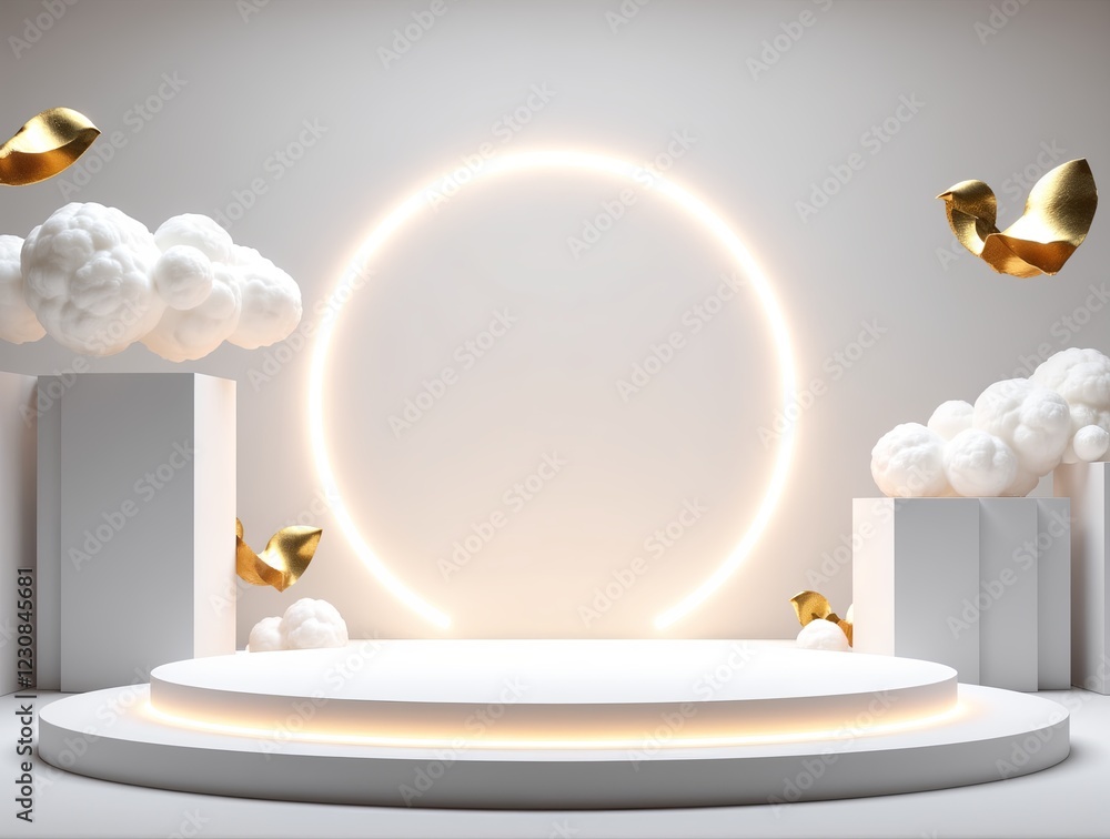 Poster minimalist 3d rendering featuring a white podium with glowing light, set against a backdrop of cloud