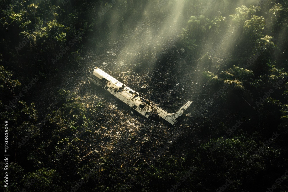 Aufkleber Aerial view reveals airplane debris scattered within a dense forest clearing under soft light. Generative AI