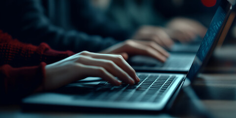  Close-up of hands typing on laptops, Professional people working on laptops in collaborative workspace