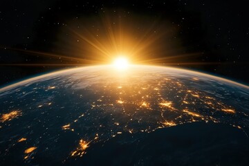 Sun rising over Earth with bright city lights glowing below