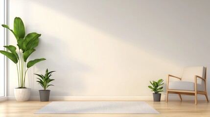 Fototapeta premium Minimalist Room Interior with Plants and Wooden Chair
