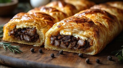 Golden Brown Puff Pastry Meat Pie on Wooden Board