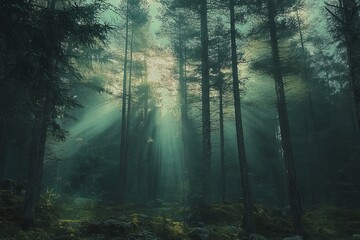 Naklejka premium Sunbeams pierce a misty, dark green forest.