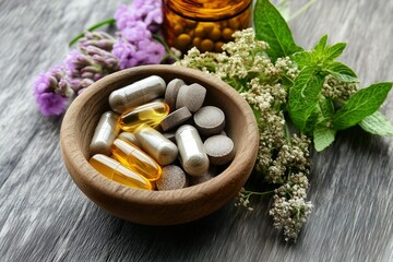 Natural supplements in wooden bowl with herbs and flowers