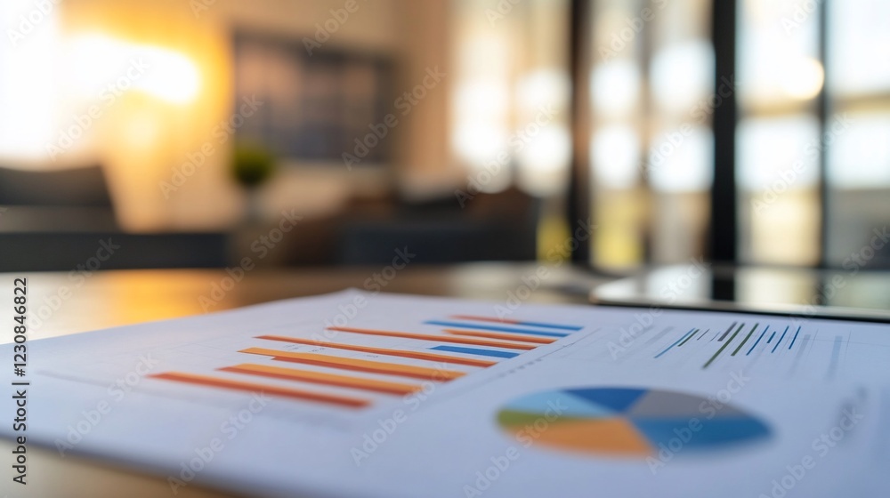 Poster close-up of financial charts and graphs on a table with blurred room background