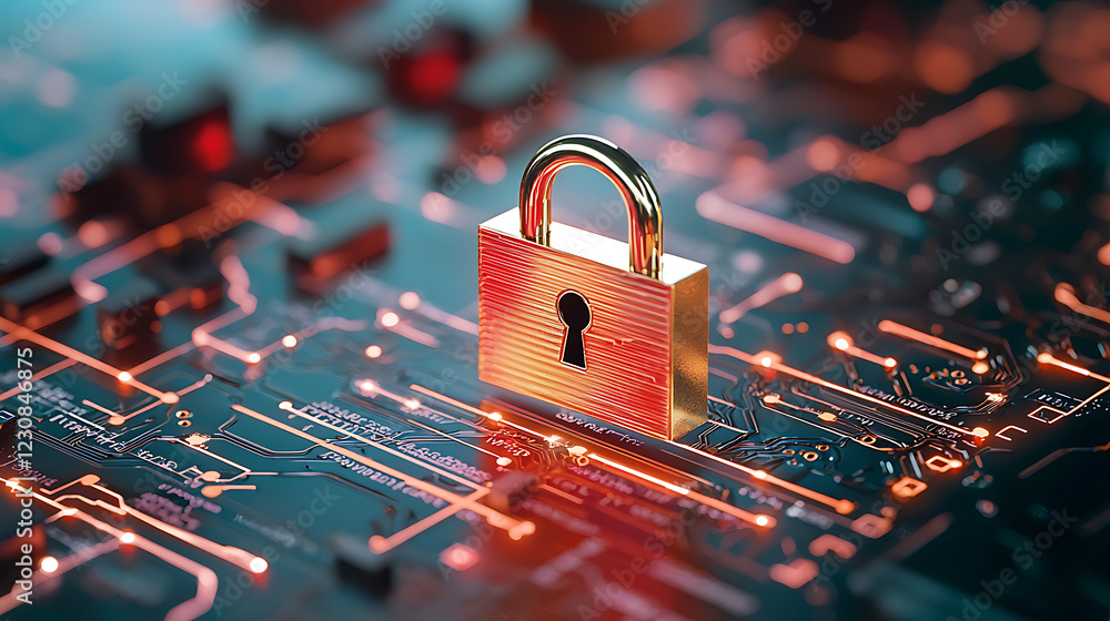 Poster enhancing cybersecurity in health systems with glowing locks digital infrastructure technology secur