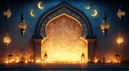Illuminated Islamic archway with lanterns and crescent moons.