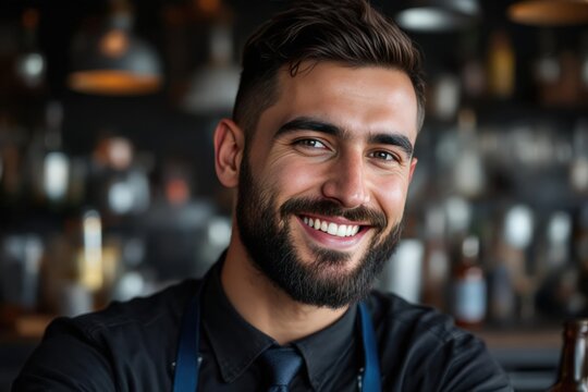 portrait of a young smiling Israeli male bartender against blurred bar background