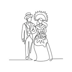One continuous line drawing of wedding ceremony vector illustration. spouse bride complete with wedding costume design illustration simple linear style vector concept. Wedding design vector asset.	
