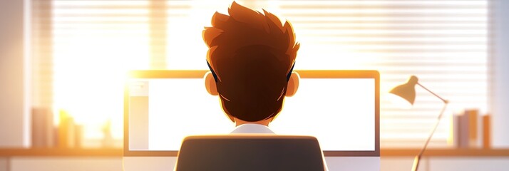 2D animation man working in modern minimalist home office 