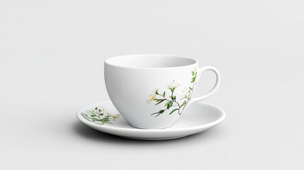 Fototapeta premium White Teacup and Saucer with Delicate Floral Design