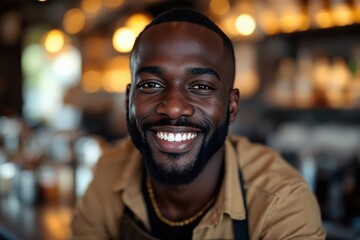 Fototapeta premium portrait of a young smiling Kenyan male bartender against blurred bar background