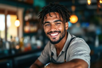Fototapeta premium portrait of a young smiling Kiribati male bartender against blurred bar background