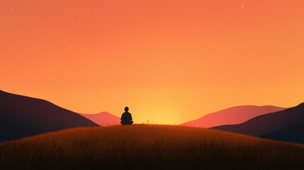 Fototapeta premium A serene silhouette of a person sitting on a hill, gazing at a vibrant sunset with orange and purple hues illuminating the sky.