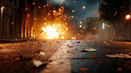 Obraz premium A dramatic scene depicting an explosion with debris scattering across a deserted street illuminated by fiery light and smoke.
