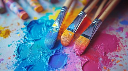 Obraz premium Closeup of Paintbrushes on Colorful Paint Palette