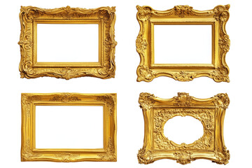 Decorative Golden Carved Picture Frames Isolated on a White Transparent Background Perfect for Displaying Art and Photographs