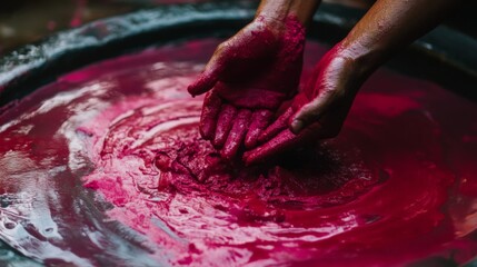 Fototapeta premium Hands Mixing Vibrant Pink Dye in Dark Bowl
