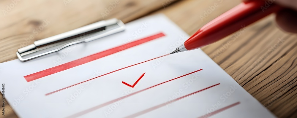 Poster a close-up view of a hand marking a checklist with a red pen on a clipboard, symbolizing organizatio