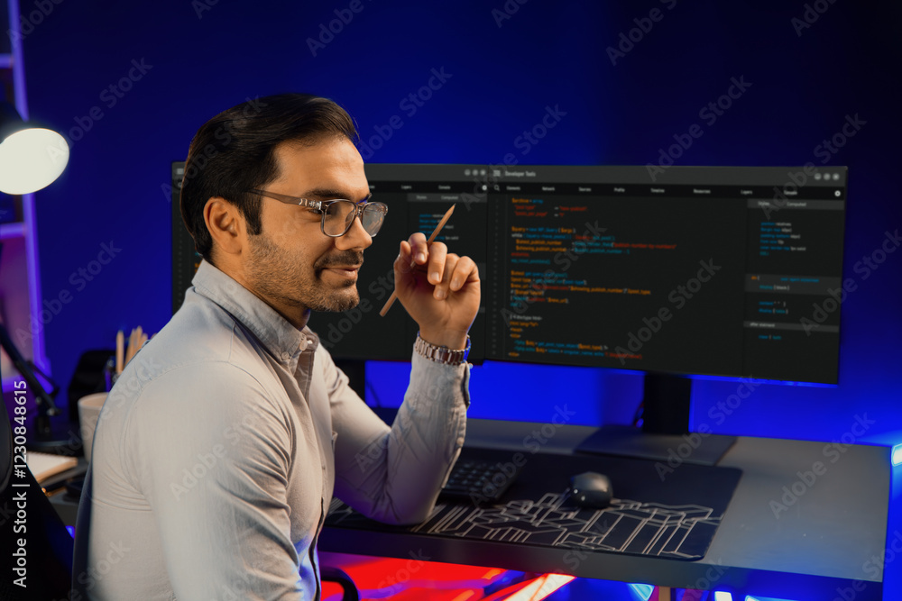 Poster smart it developer holding pencil with software development coding on pc screen pose on camera looki