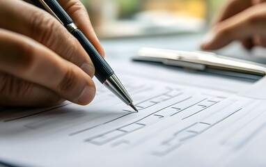 A close-up view of a person's hands holding a pen, filling out forms on a desk. The setting showcases a professional environment emphasizing attention to detail and organization.